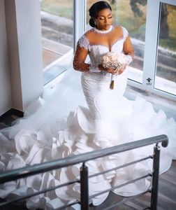 2024 Роскошное африканское свадебное платье русалки с высоким воротом, иллюзией, жемчугом и длинными рукавами, многоярусными оборками, свадебные платья, новые платья Vestidos De Novia на заказ
