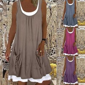 도시 섹시한 드레스 여름 여성 패션 트렌드 단색 포켓 드레스 캐주얼 둥근 목 소매 느슨한 무릎 길이의 치마 T231202