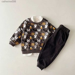 Set di abbigliamento Nuovo fantasma di Halloween Lanterna di zucca Stampa maglione a maniche lunghe + pantaloni di velluto a coste Neonati maschi Abbigliamento Ragazze Autunno Vestiti per bambiniL231202