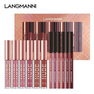 Läpppennor Langmanni 66 Makeup Liquid Lipstick Lip Liner Combination 12 PC/SETS Non-Stick Cup Matte Lip Gloss Sexig Colors Lip Paint DC08 231202