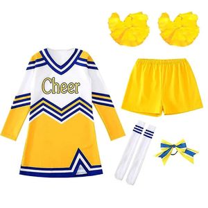 Cheerleading 5pcs / Set Contraste Color Schoolgirl Traje Cheerleader Pompons Uniforme Meninas Menino Jogos Escolares Futebol Ginástica Terno 231201