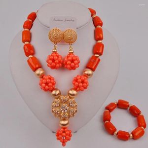 Necklace Earrings Set Latest Orange Nigerian Coral Beads Jewelry African Wedding 12-K-01