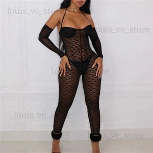 Women's Jumpsuits Rompers Black Floral Lace Sheer Mesh Jumpsuits Women Sexy See Through Strapless Lace Up Halter Long Sleeve Cover Club Party Rompers T231202