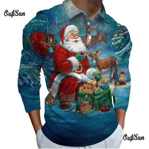 Polo da uomo Polo natalizie Polo stampata 3d con Babbo Natale per uomo T-shirt a maniche lunghe autunno casual Top vintage Abbigliamento da uomo 231202