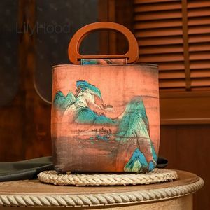 Abendtaschen weiblich Vintage chinesische traditionelle Holzgriff Seide Handtasche Retro Chic stilvolle ethnische Dynastie mittlere Größe Prom Abend Einkaufstasche 231201