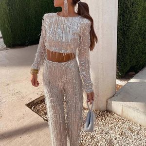 Women's Two Piece Pants 2023 Autumn Elegant O-neck Long sleeved Crop Top+Pants Set Sexy Slim Fit Two Piece Set for Women's Fashion Sequin Tassel Party Set 231202