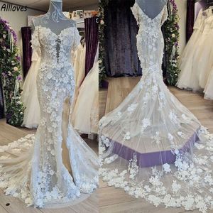 Zarif Çiçek Dantel Denizkızı Gelinlik Seksi Omuz Kapalı Bohemian Ülke Gelin Gowns Yan Bölünmüş Vestidos De Novia Tulle Long Train Cl2989