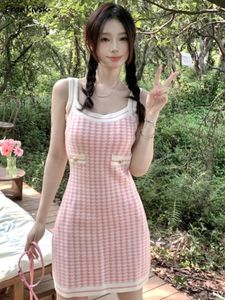 Casual Dresses Women Spaghetti Strap V-hals Bird-Lattice bekväm elegant trendig chic vår koreansk stil college lady daily vestido