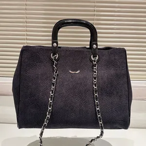 Women Designer Soft Corduroy Tote Bag with Patent Leather Top Handle Silver Metal Hardware Matelasse Chain 35cm Large Capacity Vintage Luxury Shoulder Handbag