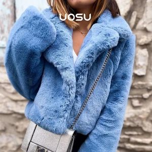 Cappotto da donna in pelliccia sintetica blu corto in peluche da donna Ins Chic Street Fashion per ragazze inverno 2023 tendenza giacca in coniglio cappotti corti outwear 231202