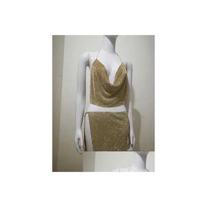 Gonne Gonna da spiaggia Bar Night Club Catena di metallo Paillettes Donna Strass Oro Due pezzi Topaddskirt Halter Top Nightclub Party Vestido Dh1Ok