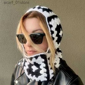 Beanie / Skull Caps Ins Madeira Crochet Balaclava Mulheres Inverno Quente Knit Beanies Square Hoodie Chapéu Pescoço Proteção Máscara de Esqui Full Face Cover MaskL231202