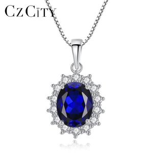 Czcity Elegant Oval Princess Diana William Sapphire Pendant Necklace For Women 100% 925 Sterling Silver Charms Necklace Jewelry MX240m