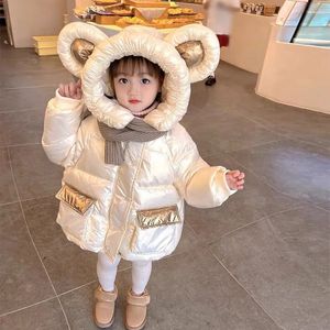 Down Coat Baby Girls Winter Elastic Hooded Jacket Cotton Padded Long Sleeve Children Warm Parkas Wate Proof Kids kläder XMP215 231202