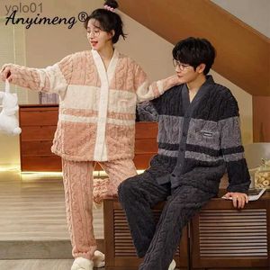 Мужская одежда для сна, новый зимний толстый пижамный комплект для пары, корейская жаккардовая пижама с v-образным вырезом Тедди для мужчин и женщин, кимоно, бархатная пижама для влюбленныхL231202