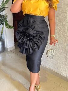 Two Piece Dress Stylish Women Black Skirt with Big Flower Sequins High Waist Fitted Midi for Party Club Bodycon Femme Birthday Date Out 231201