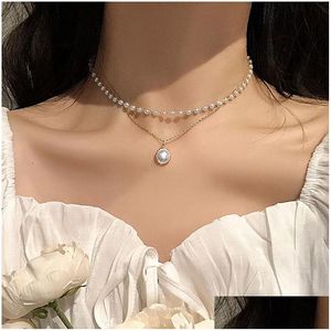 Chokers Nowy moda Elegancki naszyjnik Pearl Choker Prosty styl Śliczny podwójnie warstwowy łańcuch wisiewała Kobieta biżuteria Akcesoria upuszczone Dhde6