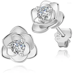 Stud Earrings Pure 925 Sterling Silver Camellia Flower Earring With Sparking Carbon Diamond Rose For Women Party Wedding