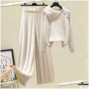 Damen zweiteilige Hosen plus Größe Winter warm 2 Set Frauen Pfrover Sweater Top Fügen Sie Weitbein Strickanzug Tracksuit Kleidung Outfits Drop D Dhaod