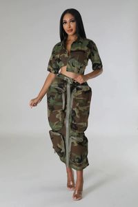 Zweiteiliges Kleid, Camouflage-Cargo-Rock, modisch, elastisch, hohe Taille, mehrere 3D-Taschen, Reißverschluss, Maxirock, lässige Streetwear-Unterteile 231201