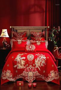 Sängkläder set highend guld phoenix loong broderi kinesiska bröllop 100 bomullsröd set täcke täcke lakan sängäcke kudde990272