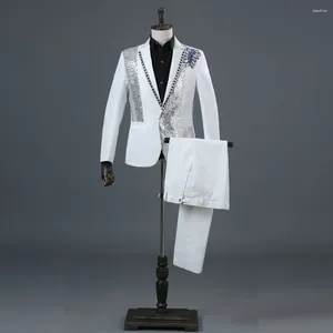 Men's Suits White Diamond Embroidery Sequin Suit Men Party Wedding Groom Tuxedos Groomsmen 2 Piece (Jacket Pants) Costume Mariage Homme