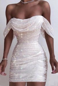 Casual Dresses Elegant Womens Off Shoulder Sequins Dress 2023 Summer Formal Lady Party Mini Slim Drapped Women Sunress