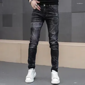 Herren Jeans Hose Skinny Man Cowboy Hose Stretch mit Strasssteinen Print Slim Fit Tight Pipe Elastisch Y2k Vintage Washed Goth