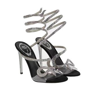 Rene Caovilla Rhinestone Margot zdobyto sandały PVC Snake Strass Stiletto Heels Women High Heeled Projektanci Buty wieczorne Buty z pudełkiem z pudełkiem z pudełkiem