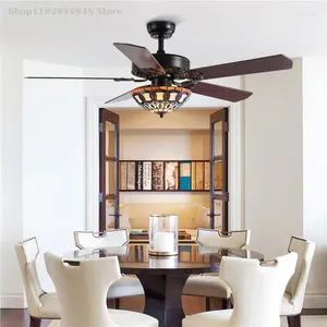 Tiffany Style Ceiling Fan Light 110V 220V Wood Blades Fans Living Room Dining Retro Remote Control Color Glas 52 Inch