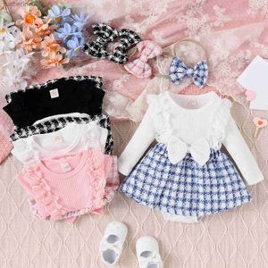 Kleidungssets Herbst Neugeborenes Baby Mädchen Strampler Kleid Spitze Rüschen Rippstrick Patchwork Overalls Kleidung Bodys mit Stirnband OutfitsL231202