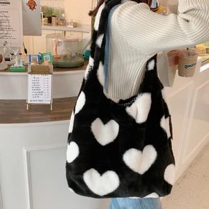 Evening Bags Faux Fur Love Shoulder Bag For Women Large Capacity Soft Plush Female Double Sided Handbags Cute Heart Fluffy Tote Underarm