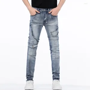 Jeans masculinos moto para homens retro azul fino ajuste estiramento streetwear retalhos bolsos falsos calças jeans calças