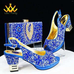 Dress Shoes Blue Color Fashion Arrivals 2024 Spring Summer Design Italian Women Matching Bag Set With Shinning Crystal For Party