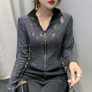 Kadın Ceketleri YouYide Sonbahar Ceket Kadınlar Glitter Papin Seketi Kısa Kadın Moda Uzun Kollu Tasarım Seks Seksi Dip Gömlek