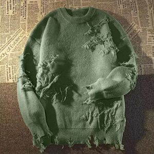 Erkekler Sweaters Retro Delik saçaklı kazak y2k sokak giysisi yırtılmış düz renkli örgü kazak hip hop yüksek cadde vintage erkek 231202