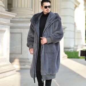 Oversized solto homem longo casaco de pele do falso pele de coelho com capuz jaqueta tamanho grande bolsos zíper grosso quente inverno x-longo casaco cinza