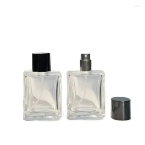 Bottiglie di stoccaggio Bottiglia di profumo Vuota Piatta Quadrata Trasparente 30ML 50ML 100ML 5 pezzi Confezione cosmetica Coperchio nero Atomizzatore di vetro spray nebulizzato argento