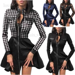 Urban Sexy Dresses Autumn Winter New Fashion PU Leather And Receiving Waist Sexy Hollow Sleeve Dress Women Vintage Plaid Zippers Slim Mini Dress T231202