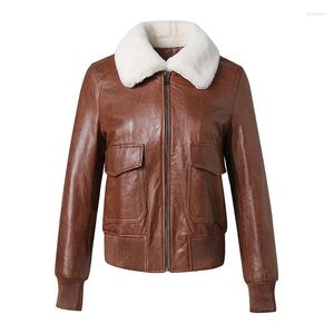 Giacca bomber in pelle di pecora moda da donna in vera lana colletto in vera lana cappotto conciato al vegetale genuino