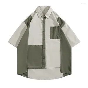 Men's Casual Shirts Silk Summer Loose Spliced Shirt Fashion Retro Short Sleeve High Street Ropa Clothing For Men