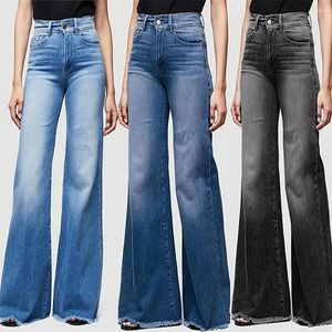 Damen Jeans Farbverlauf Frauen Multi Taschen Knopf Quaste Mode Mid-Waist Flare Streetwear