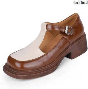 Sapatos de vestido Dilalula Primavera Outono Mulheres Bombas Retro T-Strap Cores Misturadas Couro Genuíno Escritório Casual Salto Grosso WomanDress