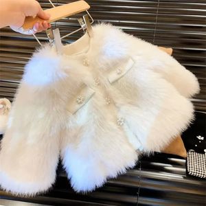 Jackets Korea Kids Winter Clothes for Girls Cute Pearl Fur Coat Baby Sweet Princess Jacket Thickening Warmth 90140cm 231202