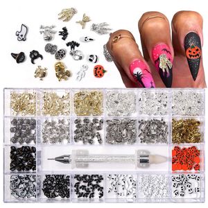 Nagelkonstdekorationer Nagelkonstdekoration för Halloween Nail Charms Rhinestones Box Mixed Skull Pumpkin Xmas Design Nails Christmas Craft Accessories 231202