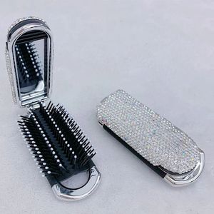 Espelhos compactos pente portátil espumante com espelho dobrável strass almofada de ar pente espelho beleza escova de cabelo diamante bolso viagem maquiagem ferramenta 231202