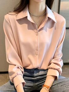 Jaquetas femininas Deeptown sólida camisa de cetim para mulheres chiffon blusa verão fino botão de seda até escritório manga longa tops feminino