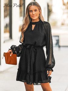 Casual Dresses Black Chiffon Belted Clip Dot Ruffled Mini Dress For Women Sexy Long Sleeve A-line Party 2023 Spring Autumn Female