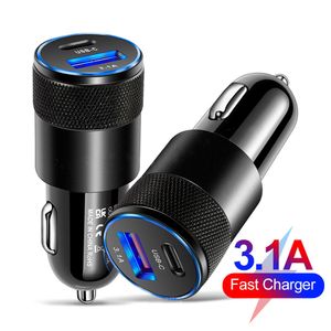 Dual Port PD USB C Type C Car Charger Auto Power Adapters 3.1A Chargers för iPhone 14 13 12 11 15 Pro Max Samsung Xiaomi Huawei Android Phone GPS PC