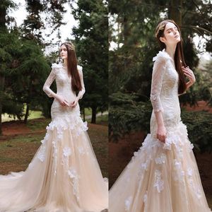 Vintage koronkowe sukienki ślubne syreny z długim rękawem de novia v dekolcie aplikacje ślubne suknie ślubne